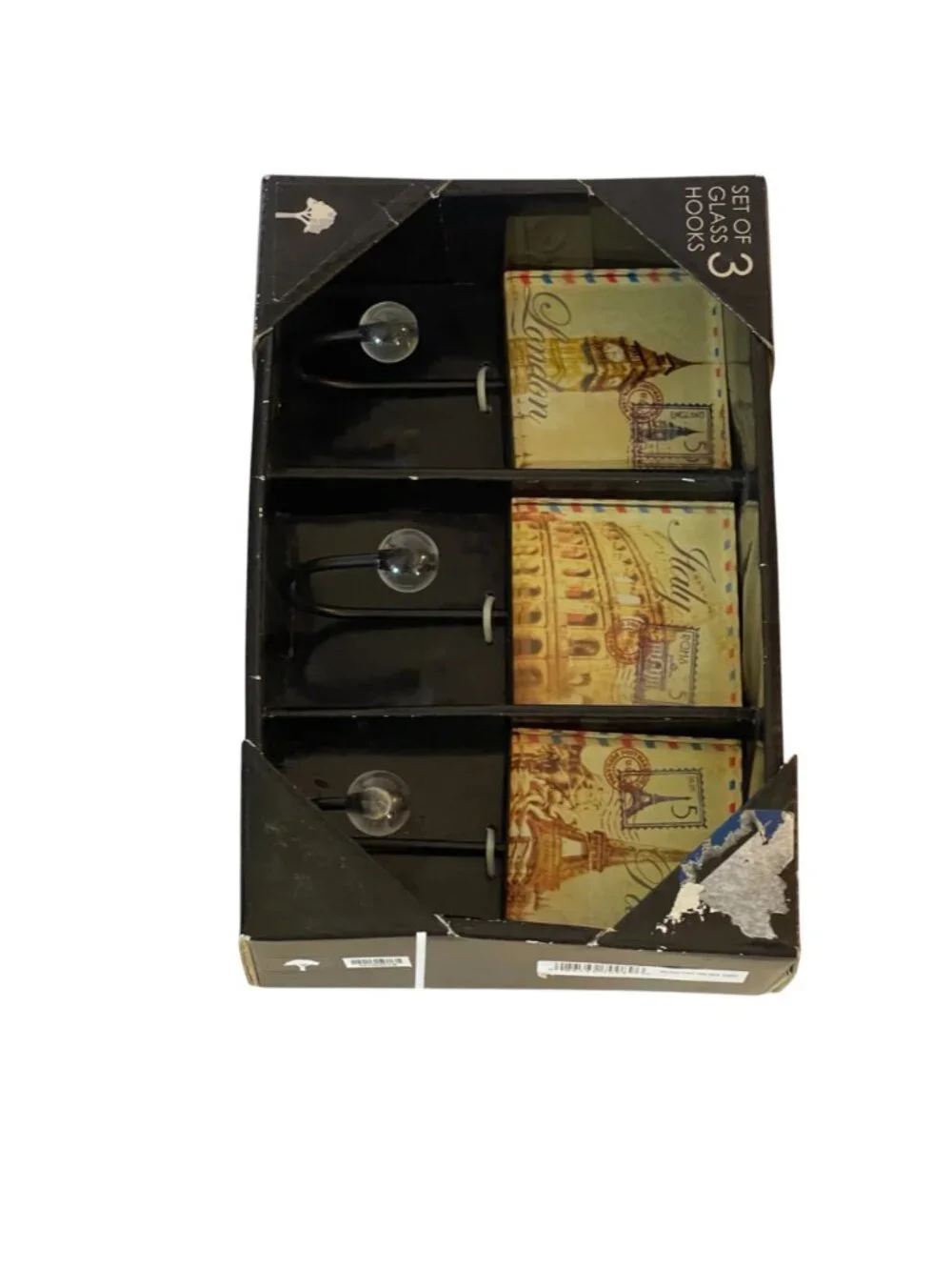 Studio 5 Decorative Glass Wall Hook Set 3 Vintage London Italy Paris New In Box
